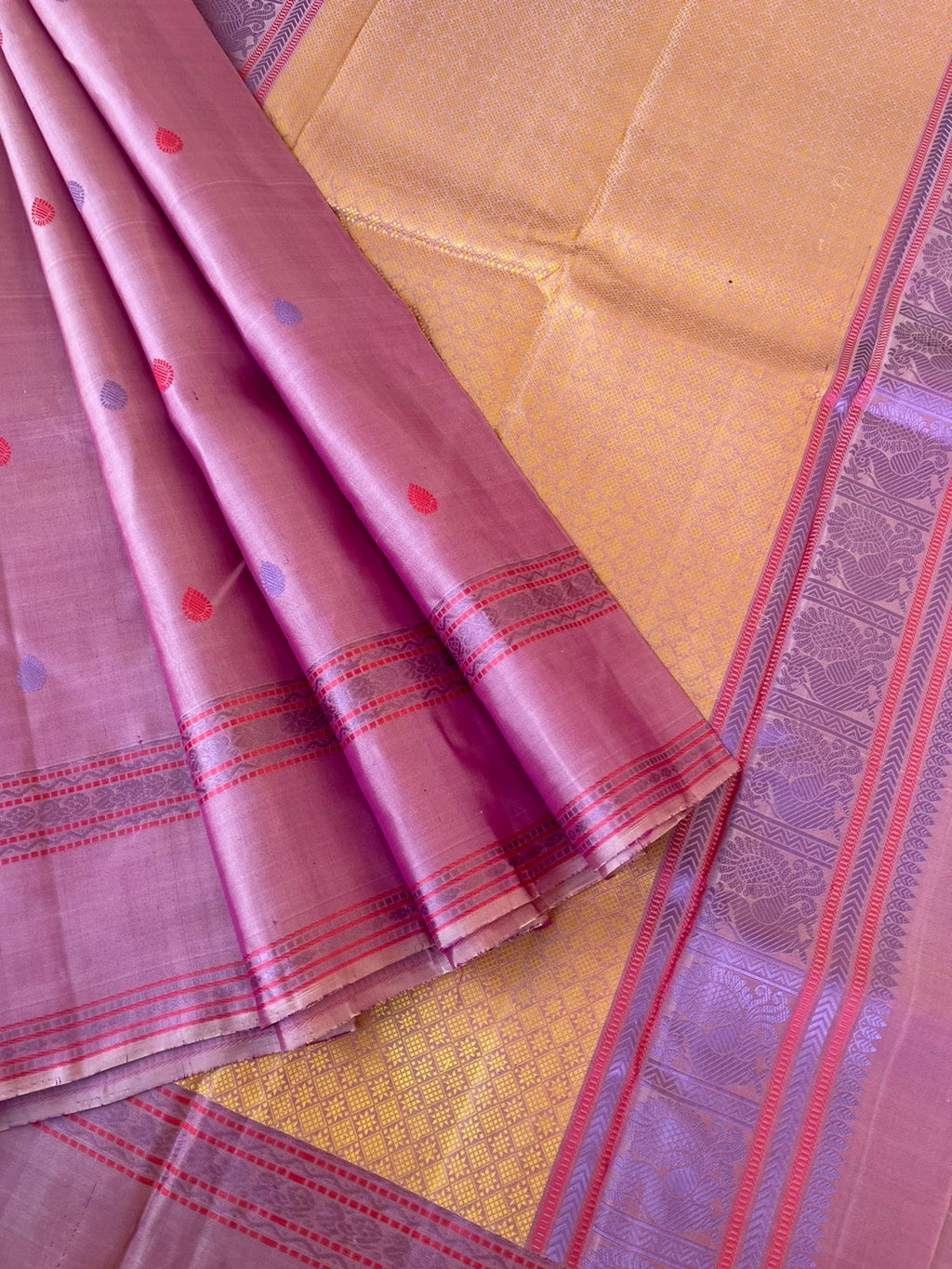 Woven from Memories - Beautiful No Zari Kanchivarams - unusual onion peal pink retta pett woven borders