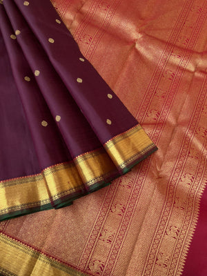 Treasures of Kanchivaram - Solid Gold Zari Woven Border Kanchivarams - buttel nut maroon and deepest red with gorgeous grand pallu