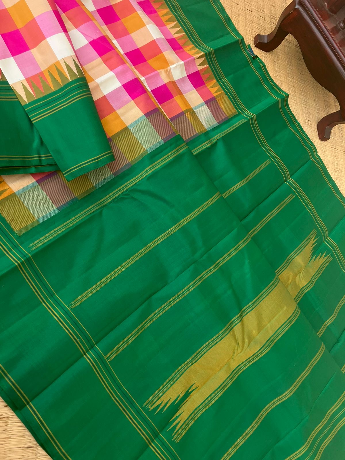 Paalum palamum kattam on Kanchivaram - pink mustard and cream paalum palamum chex with bottle green borders pallu and blouse