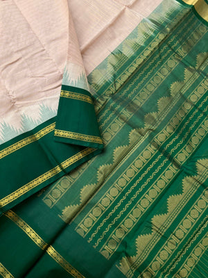 Korvai Silk Cotton - dusty off white and bottle green zari chex