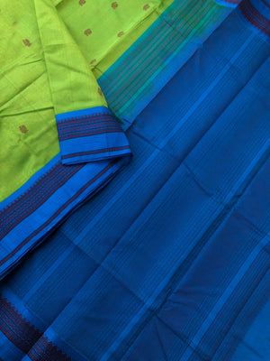 Korvai Silk Cotton with Pure Silk Woven Borders - apple green and blue
