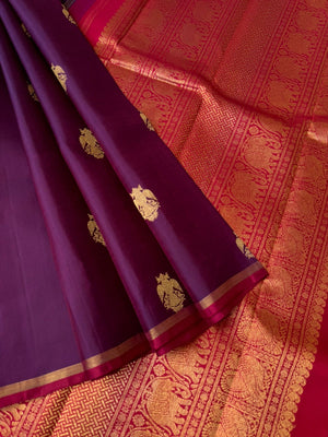 Mohaa - Beautiful Borderless Kanchivarams - purple and red with irruthalai pakshi woven borders