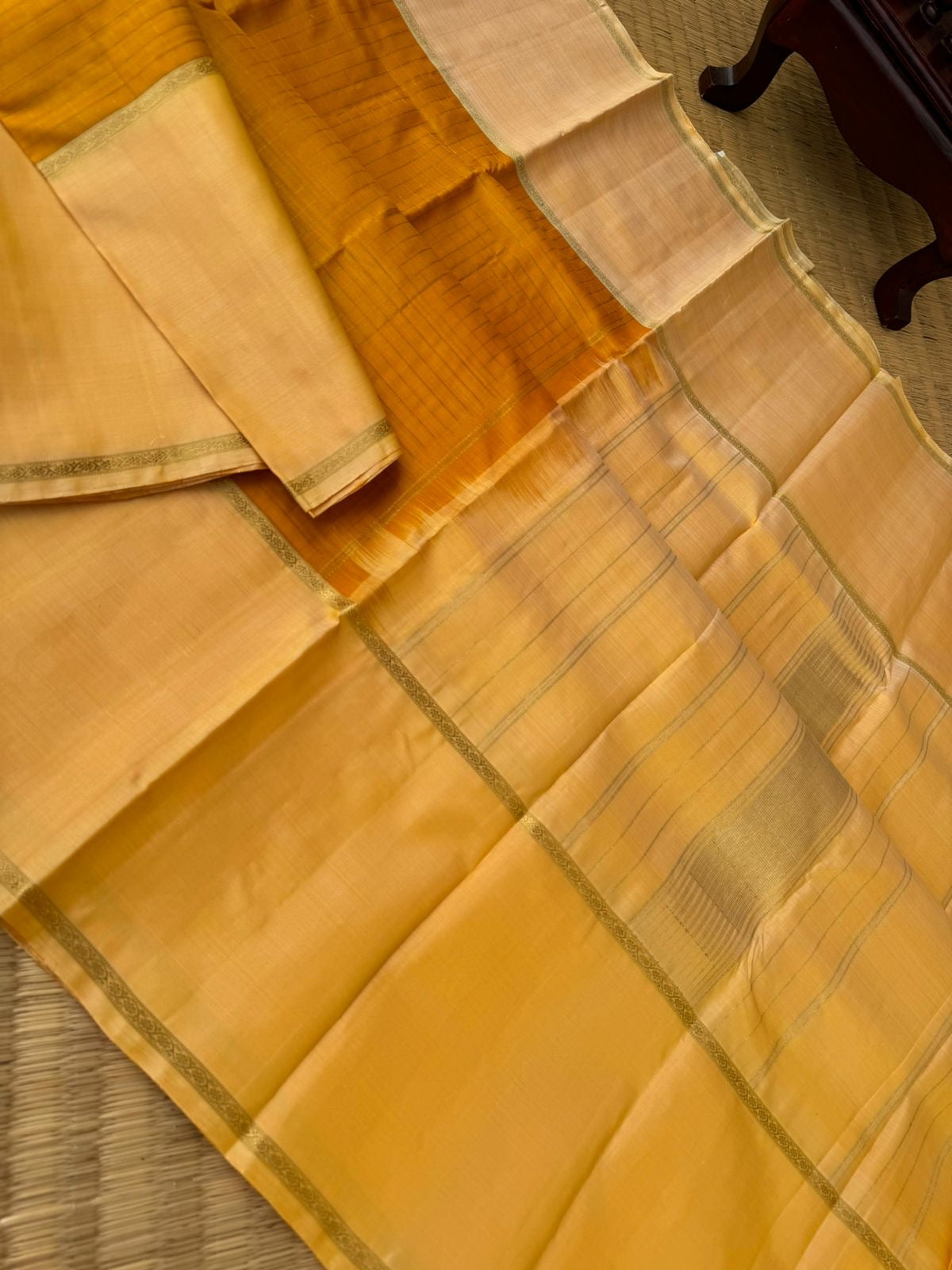 Pastel Ragas on Kanchivaram - deep mustard kattam borders with creamy yellow woven borders