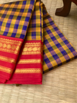 Paalum Palamum Kattams Korvai Silk Cottons - mustard and blue with red