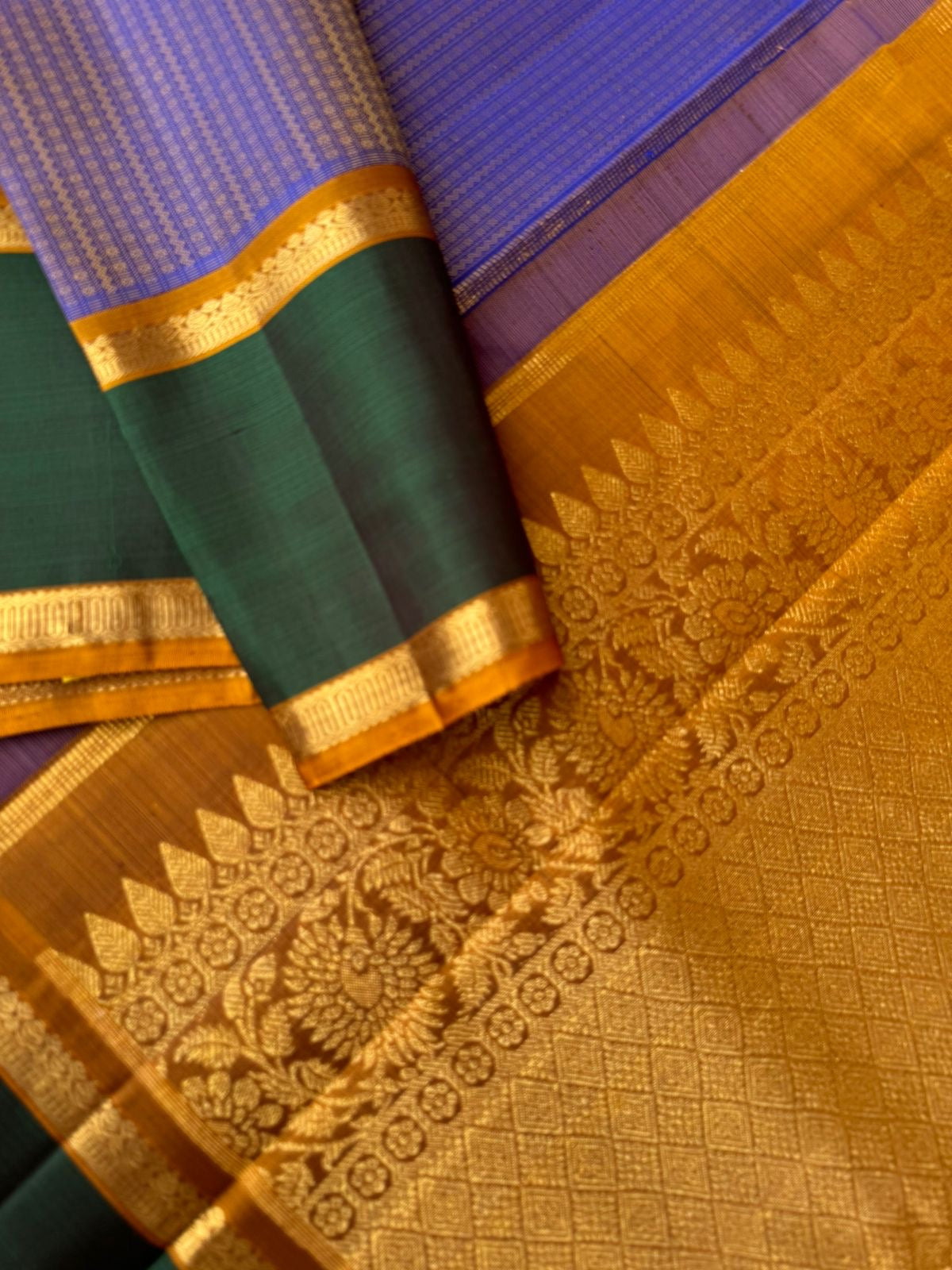 Kanchivaram Theory - dual tone golden blue and fenugreek tone with retta pett woven borders