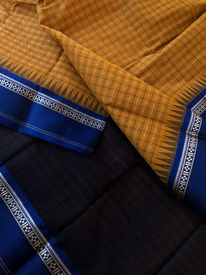 Mira - Our Exclusive Cotton body with Pure Silk Korvai Borders - the vintage mustard and ink blue borders with black blue pallu and blouse