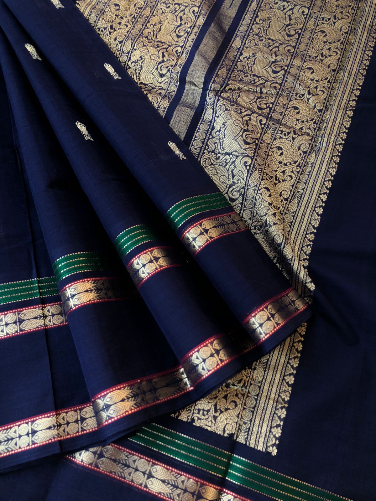 Mangalavastaram - Zari Touched - stunning fish motifs woven borders and fish motifs woven buttas in deep navy blue