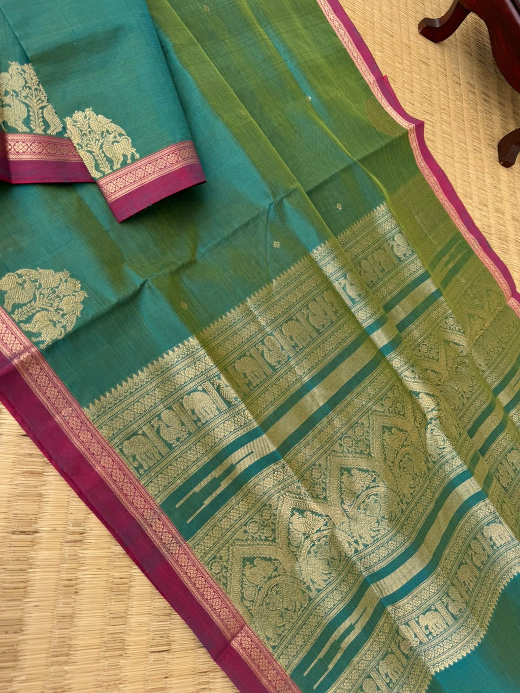 Zari Kissed Silk Cotton - teal blue and green for people who love small borders