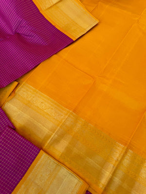 Statement of Kanchivaram - KK5 - majenta pink and golden mustard korvai Vairaoosi kattam with solid gold zari woven borders