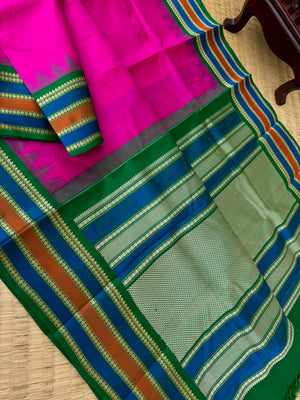 Silk Play on No Zari Kanchivaram - the beautiful Indian pink and Meenakshi green pallu and blouse