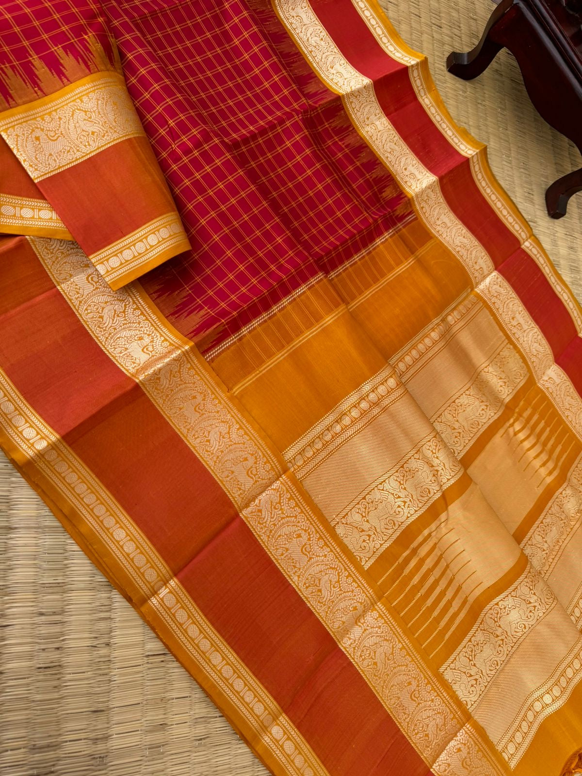 Silk Play on No Zari Kanchivaram - traditional red and mustard kattam woven body with yali woven retta pett borders