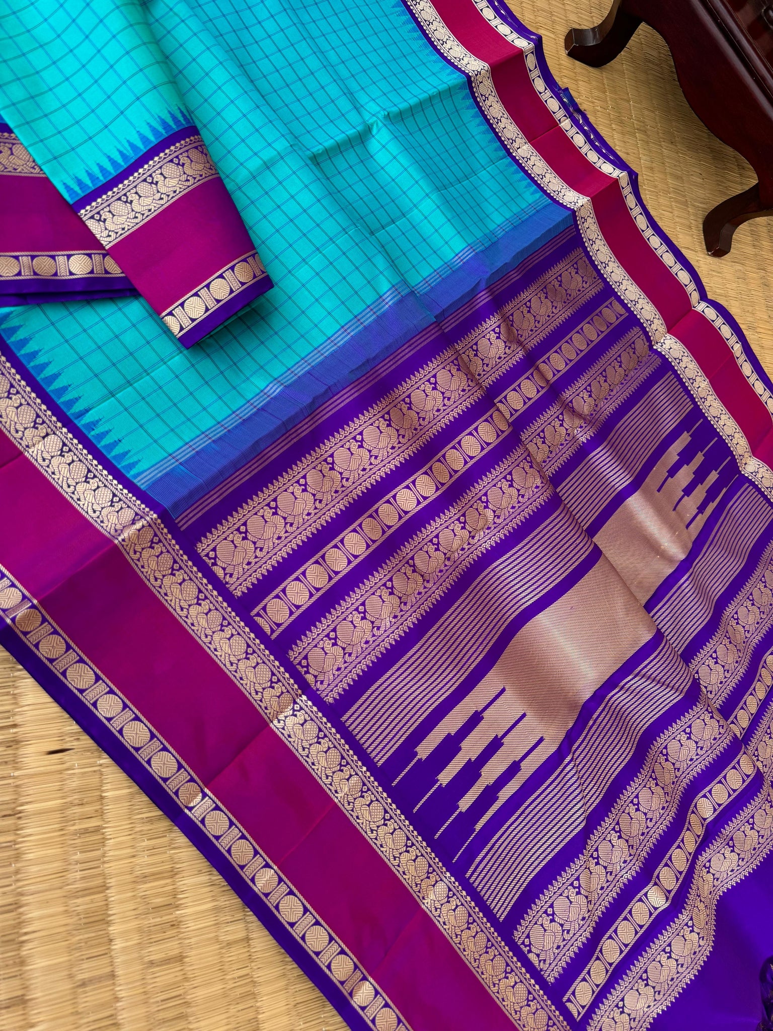 Sahasram - teal and violet with retta pett woven borders with kattam woven body