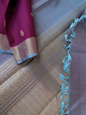 Radhee - Rare Find Kanchivarams - unusual deep purple majenta body and greyish blue pallu and blouse