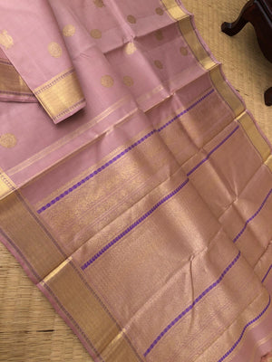 Aarabhi - Amazing Pastel Kanchivarams - stunning dusky rose gold Vairaoosi with solid gold zari woven borders