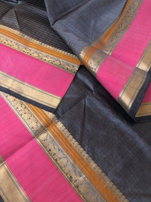 Woven Motifs Silk Cotton - stunning steel grey Lakshadeepam with short pink woven borders