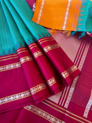 Statement of Kanchivaram - KK3 - beautiful teal vintage Kanchivaram with silver zari oosi kattam with maroon and mustard ganga jammuna korvai Kanchivaram