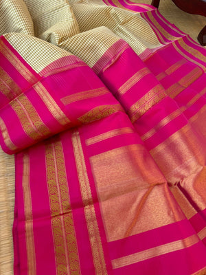 Statement of Kanchivaram - KK6 - most beautiful and traditional grandmother style Kanchivaram with rani pink borders pallu and blouse with cream and beige kasa kasa ( tiny ) chexz woven body