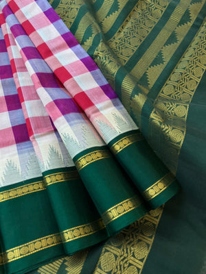 Korvai Silk Cotton - red blue off white chex with bottle green borders