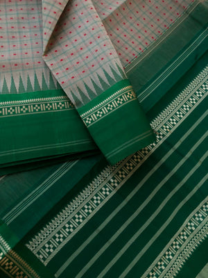 Mira - Our Exclusive Cotton body with Pure Silk Korvai Borders - deep beige and Meenakshi green Lakshadeepam