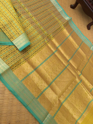 Woven Motifs Silk Cottons - pale beige mixed green Lakshadeepam with small woven borders