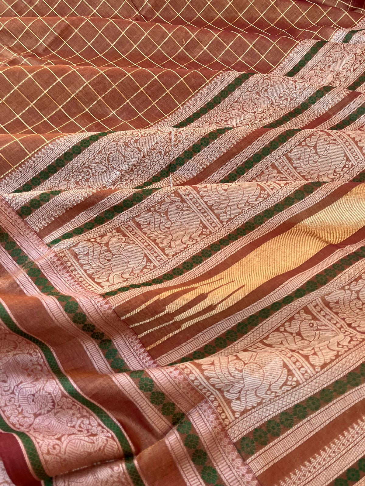 Zari Kissed Silk Cotton - chocolate and cookie muthu kattam with yali and annapakshi woven borders