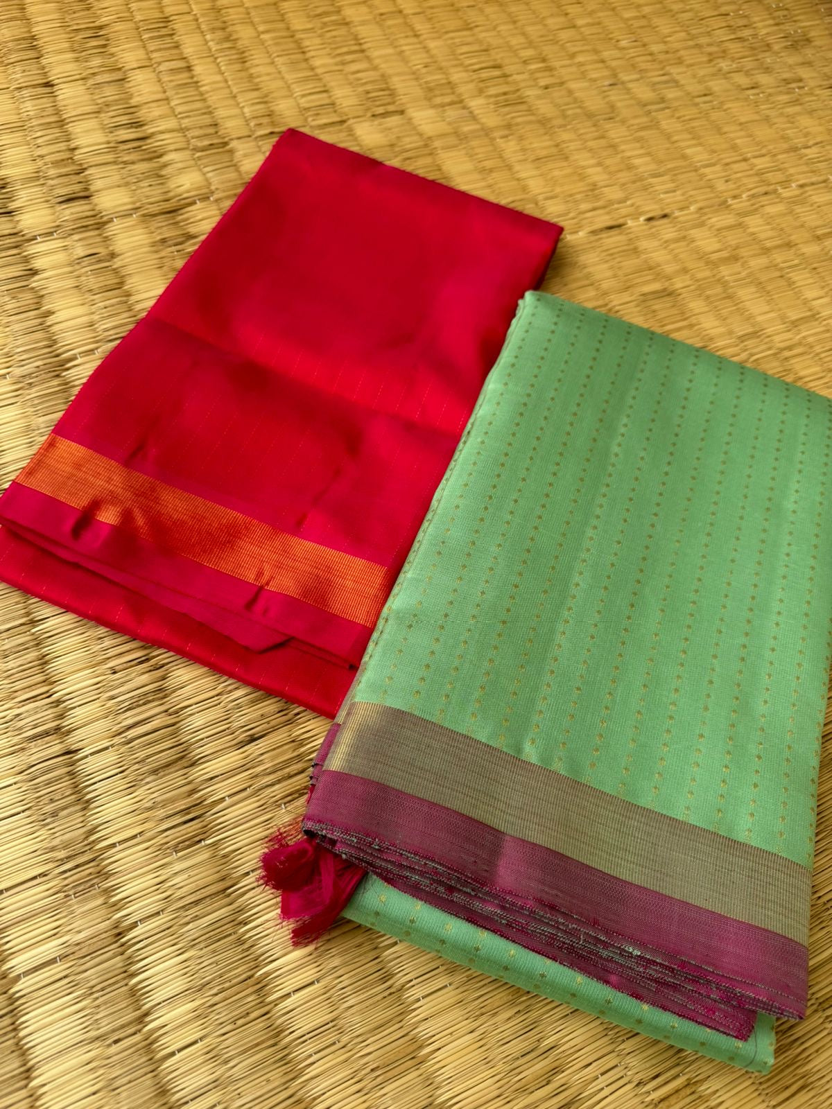 Shree - Stunning Small Border Kanchivarams - pista green lakshadeepam and red pink pallu and blouse