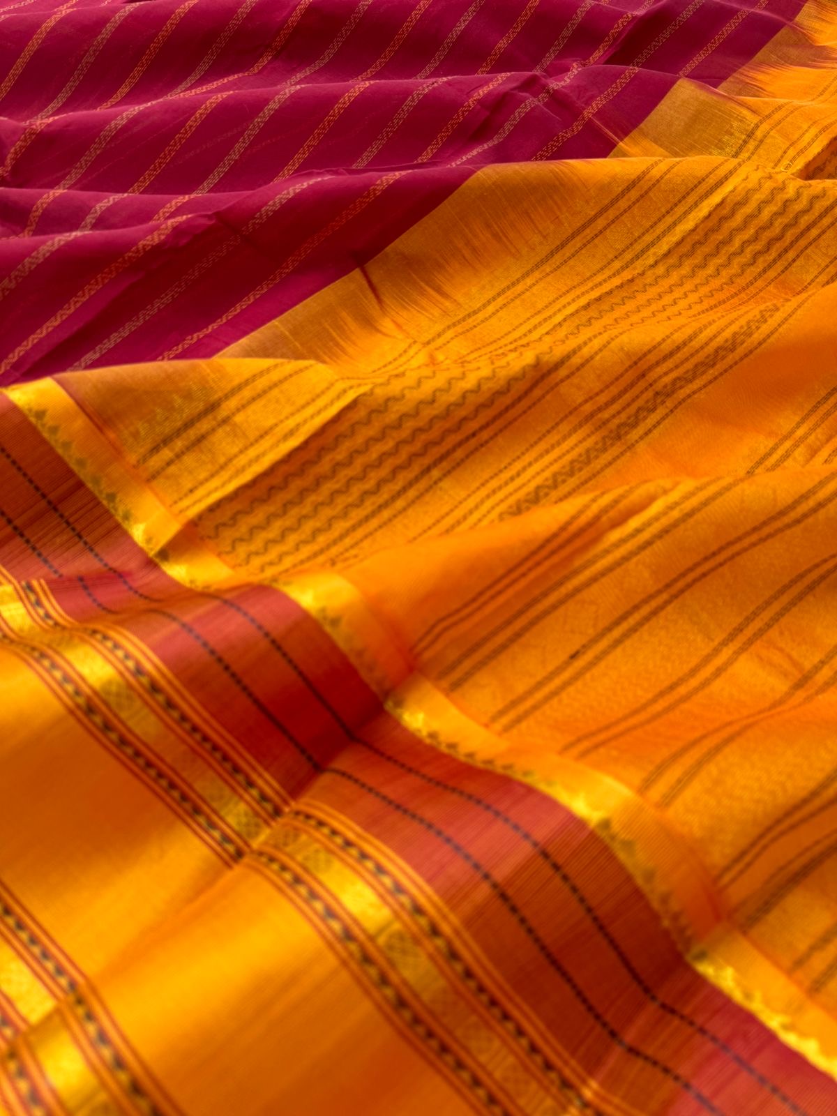 Divyam - Korvai Silk Cotton with Pure Silk Woven Borders - aaraku and mustard vertical veldhari