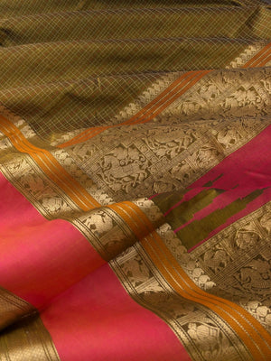 Woven Motifs Silk Cotton - unusual rare fine bronze green Lakshadeepam