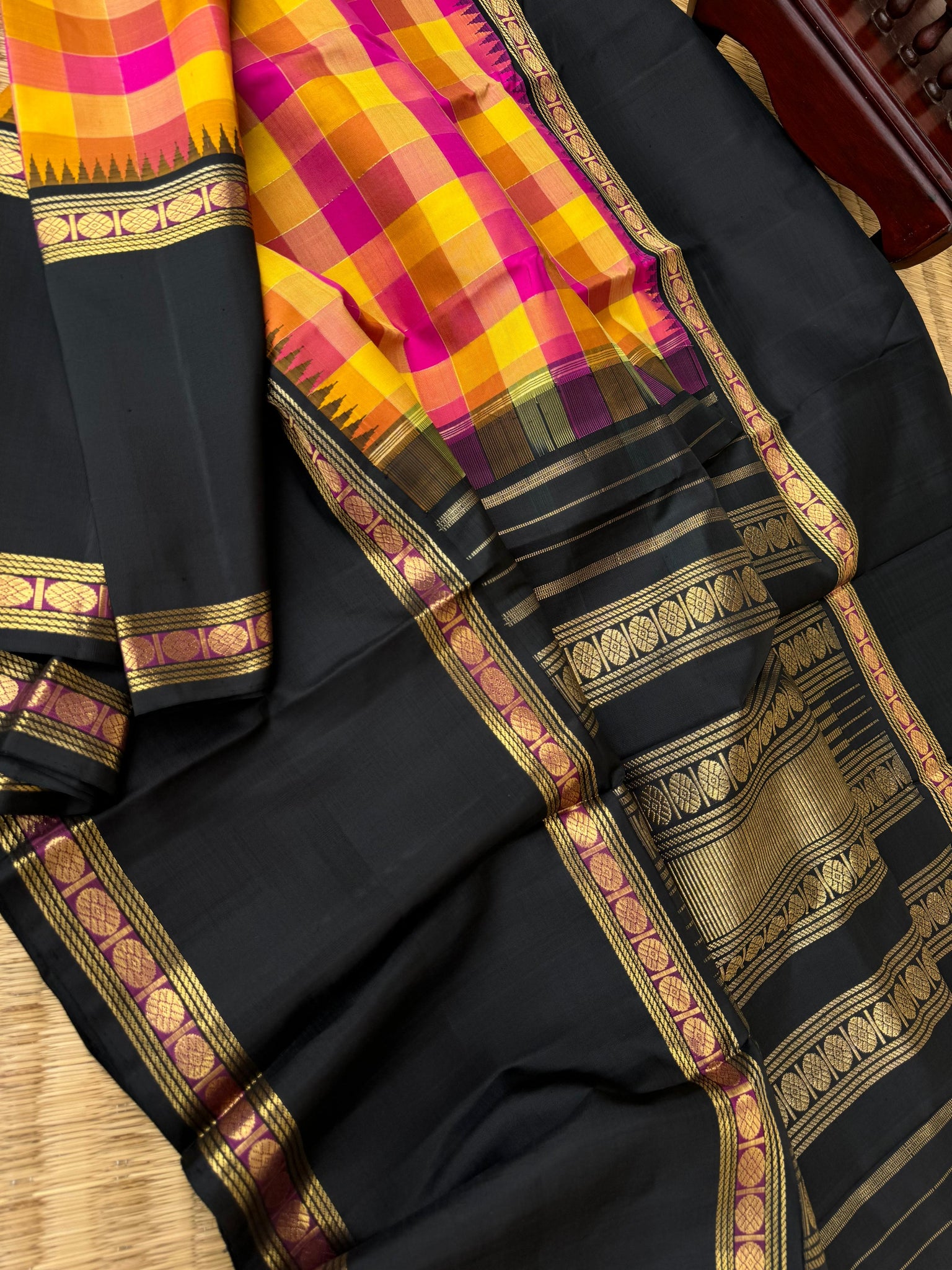 Truly Vintage - stunning traditional yellow and pink paalum palamum kattam with black korvai woven 12’ Inch borders