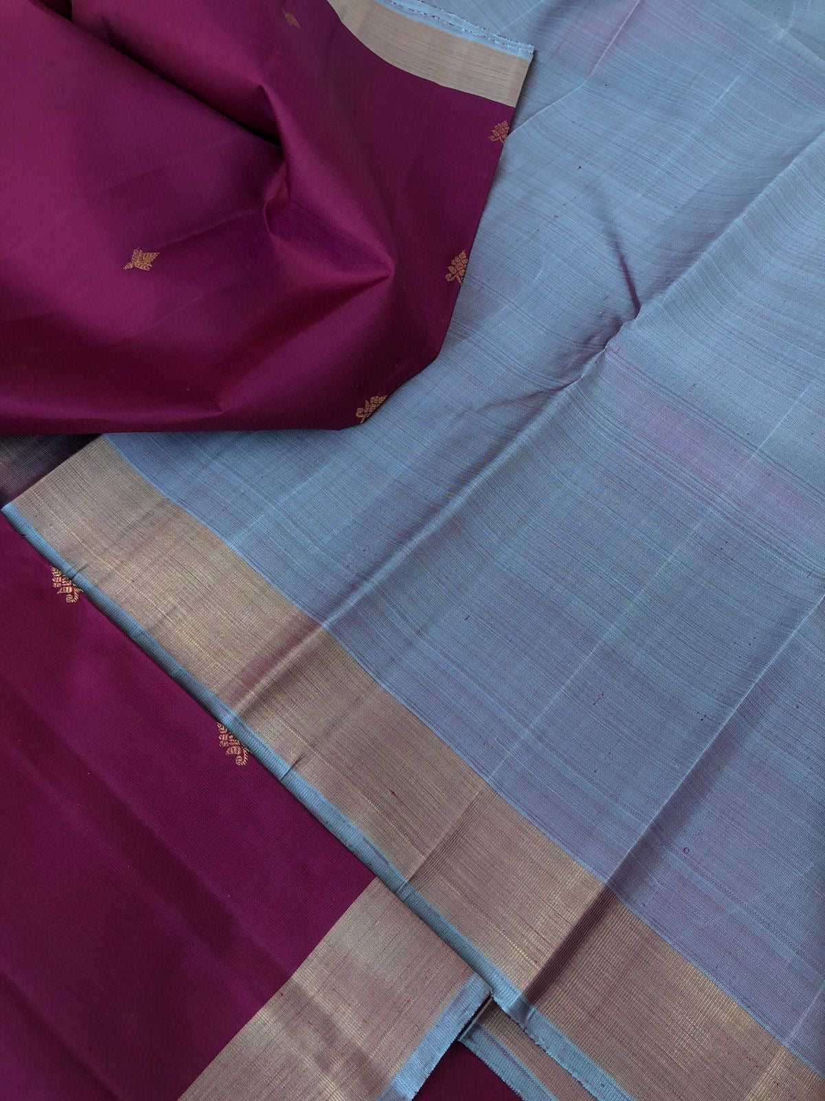 Radhee - Rare Find Kanchivarams - unusual deep purple majenta body and greyish blue pallu and blouse