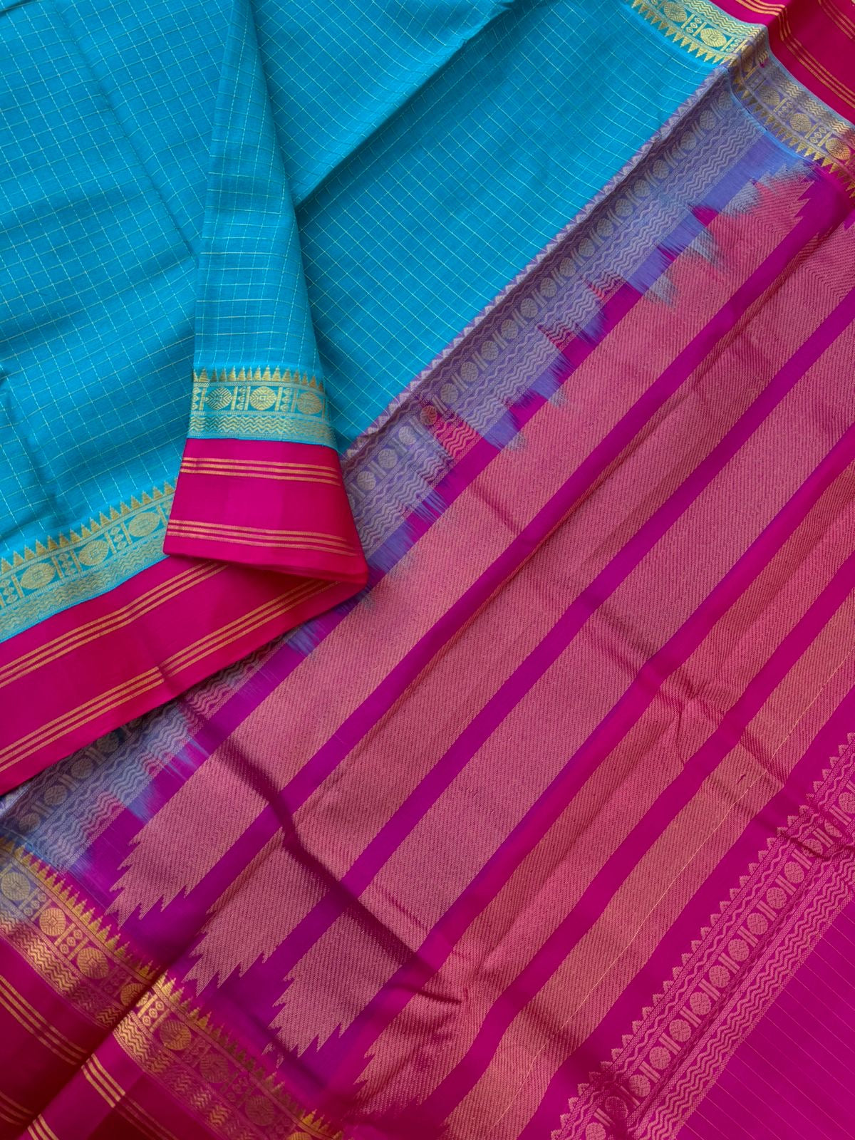 Korvai Silk Cotton - blue and pink zari kattam