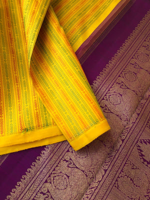 Mohaa - Beautiful Borderless Kanchivarams - beautiful yellow and deep purple with full body woven with silk thread vertical weave