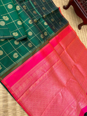 Mohaa - Beautiful Borderless Kanchivarams - deep dark Meenakshi green with orange short pink pallu and blouse