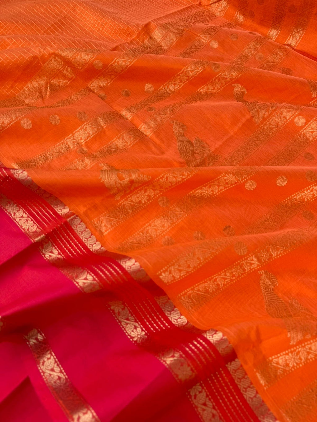 Zari Kissed Silk Cotton - carrot orange lakshadeepam woven body with parrots woven pallu