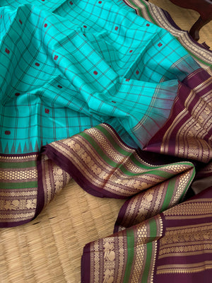 Sahasram - turquoise with chex buttas with burgundy pallu and blouse