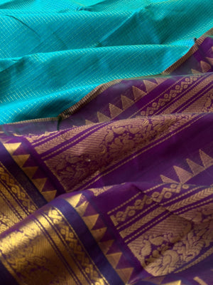 Korvai Silk Cotton - teal and purple zari kattam