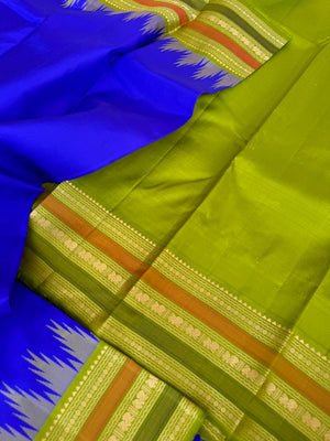 Silk Play on No Zari Kanchivaram - beautiful ms blue and olive green with Annapakshi woven borders