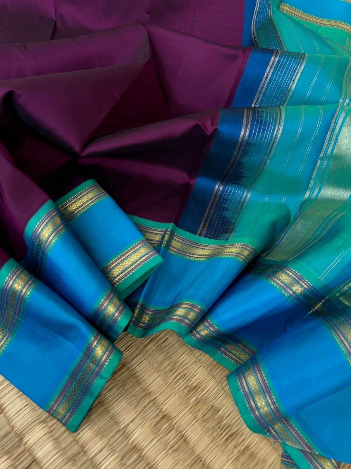 Connection Made By Korvai - deep dark purple and sulphate blue border with aqua blue pallu and blouse