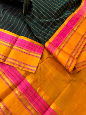 Divyam - Korvai Silk Cotton with Pure Silk Woven Borders - forest green and mustard vertical veldhari