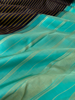 Vertical Stripes on Kanchivaram - black and turquoise with vertical stripes woven body