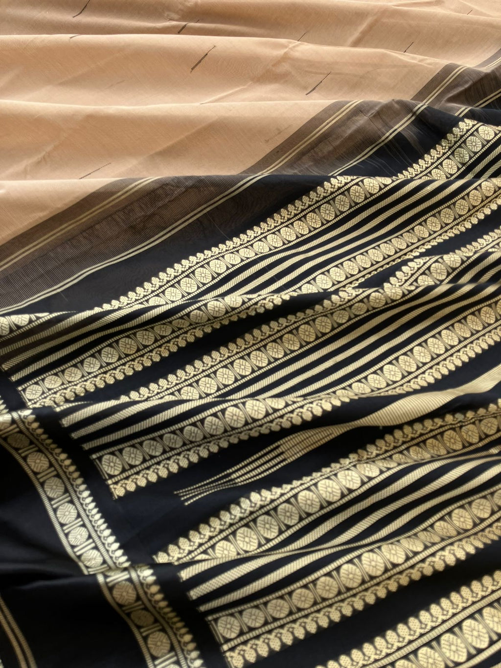 Mira - Our Exclusive Cotton body with Pure Silk Korvai Borders - beige and black malli mokku