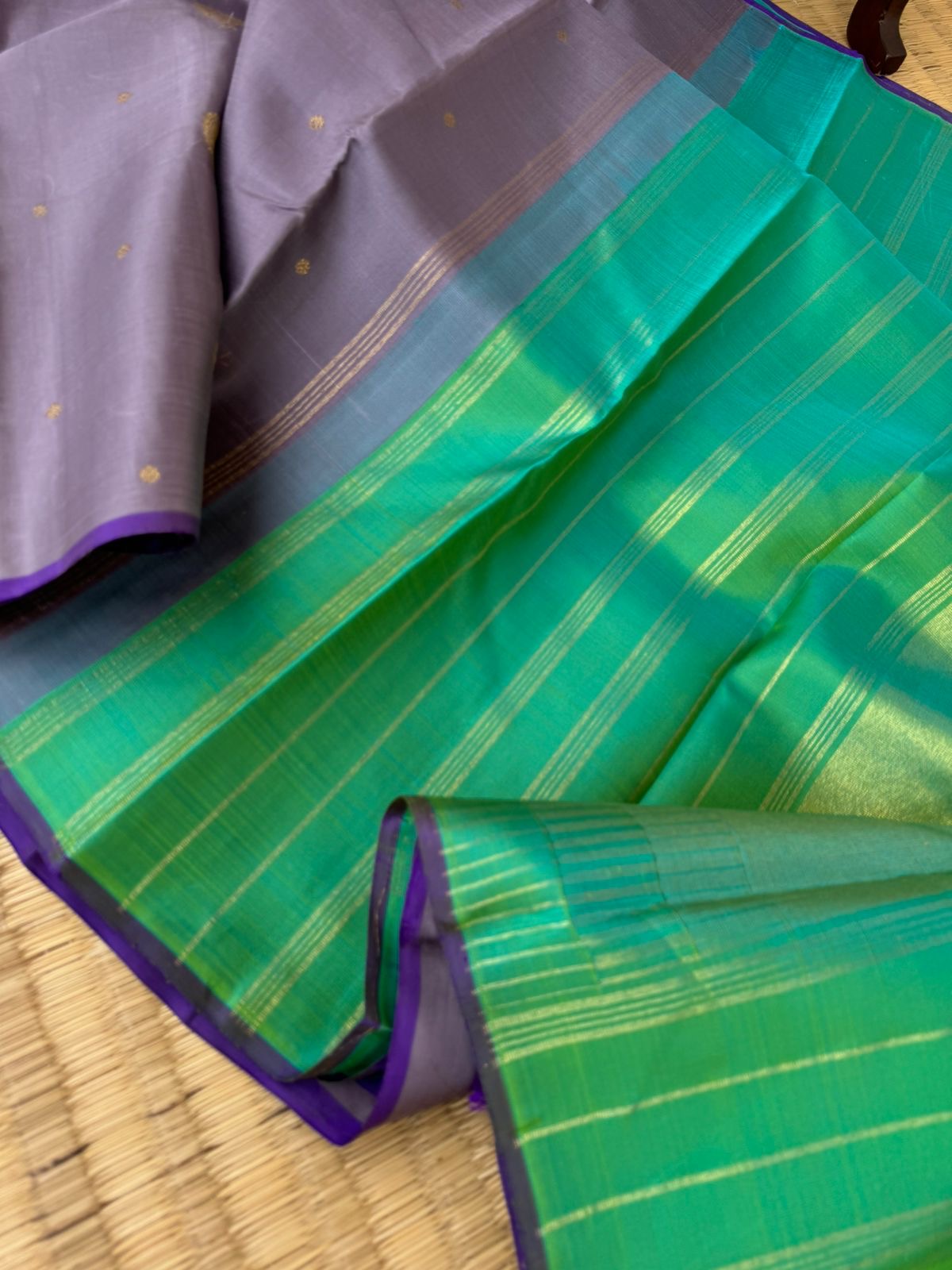 Mohaa - Beautiful Pastel Borderless Kanchivarams - unusual grey and jewel tone aqua blue green pallu and blouse