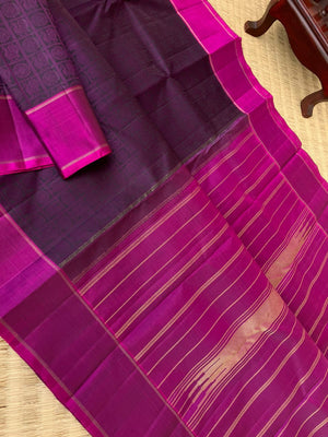 Haritham - Heirloom Yarn Play on Kanchivaram - deep dark plum purple suttle 1000 mayil chackaram woven buttas