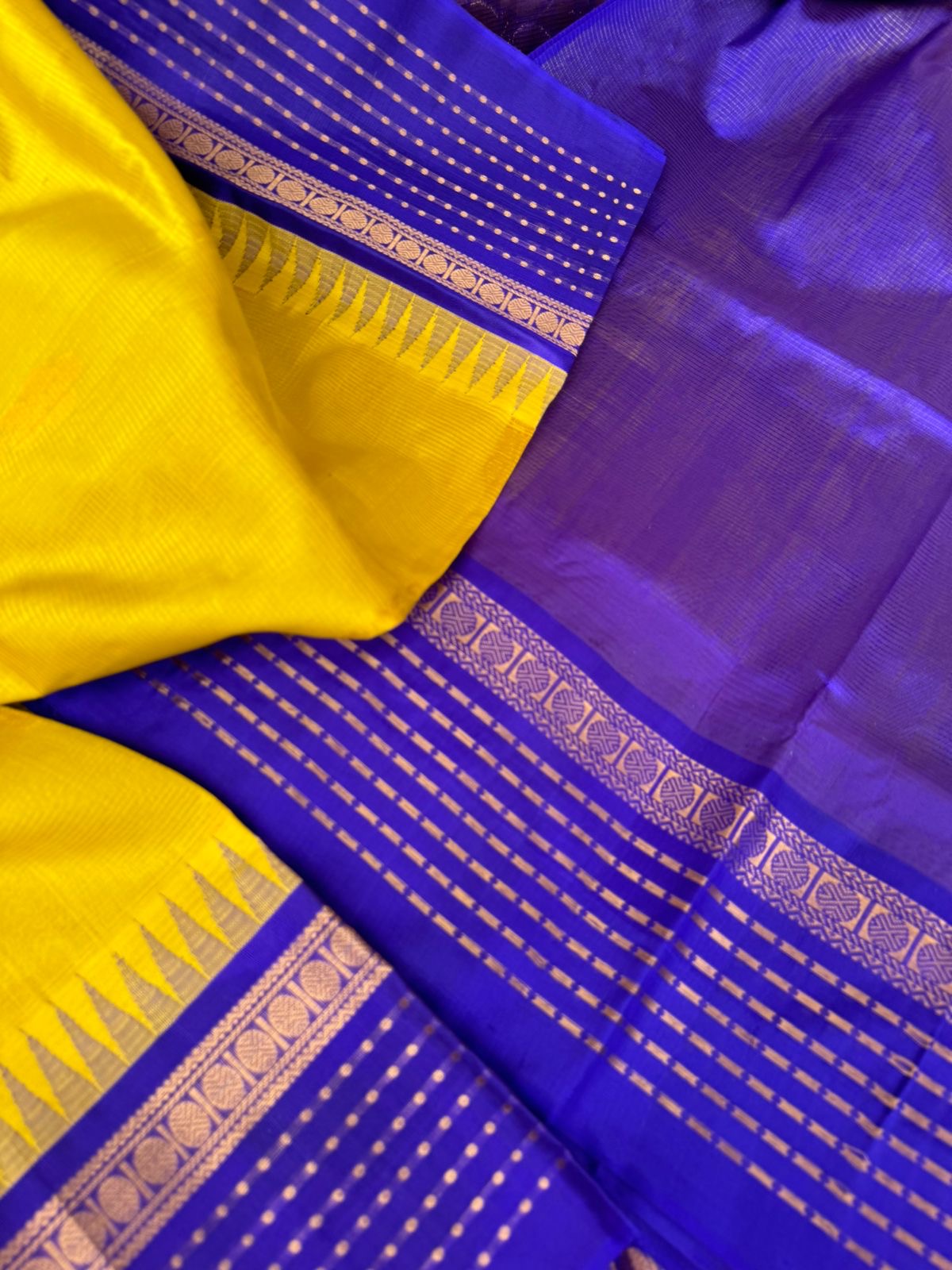 Korvai Silk Cotton - yellow and blue with lakshadeepam woven borders