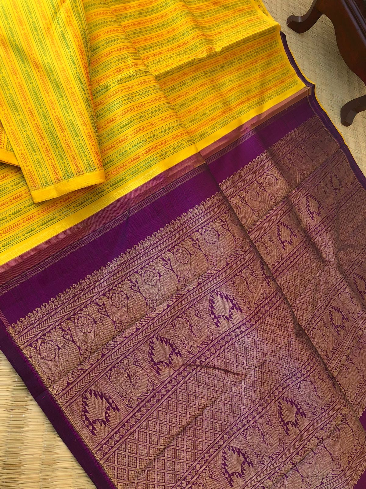 Mohaa - Beautiful Borderless Kanchivarams - beautiful yellow and deep purple with full body woven with silk thread vertical weave