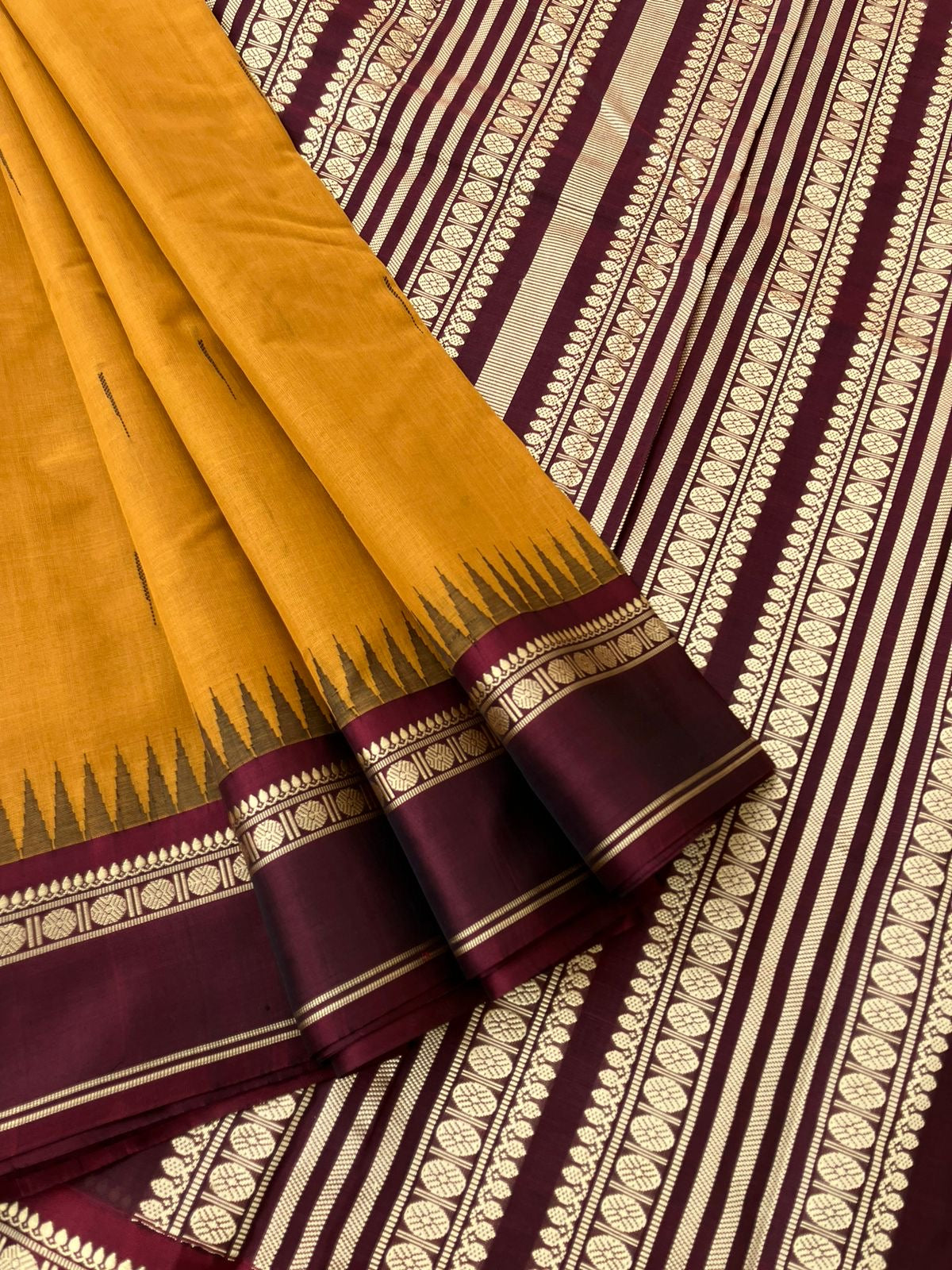 Mira - Our Exclusive Cotton body with Pure Silk Korvai Borders - traditional at the best manjal and deepest aaraku