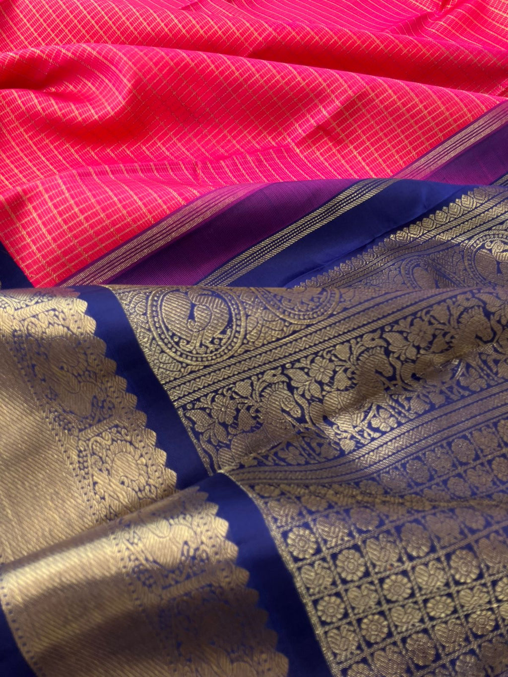 Seetha Kalayanam - The best of bridal Kanchivaram - pink and ink blue with Vairaoosi kattam with korvai woven borders