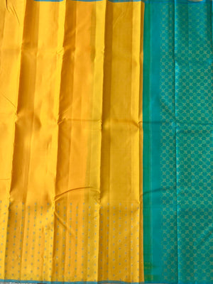 Colour Effects of Kanchivaram - beautiful one of a kind yellow and teal zari woven pallu and blouse with one side meenakarai woven buttas borders with plain body