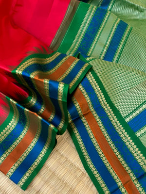 Silk Play on No Zari Kanchivaram - beautiful red and green with yali woven borders