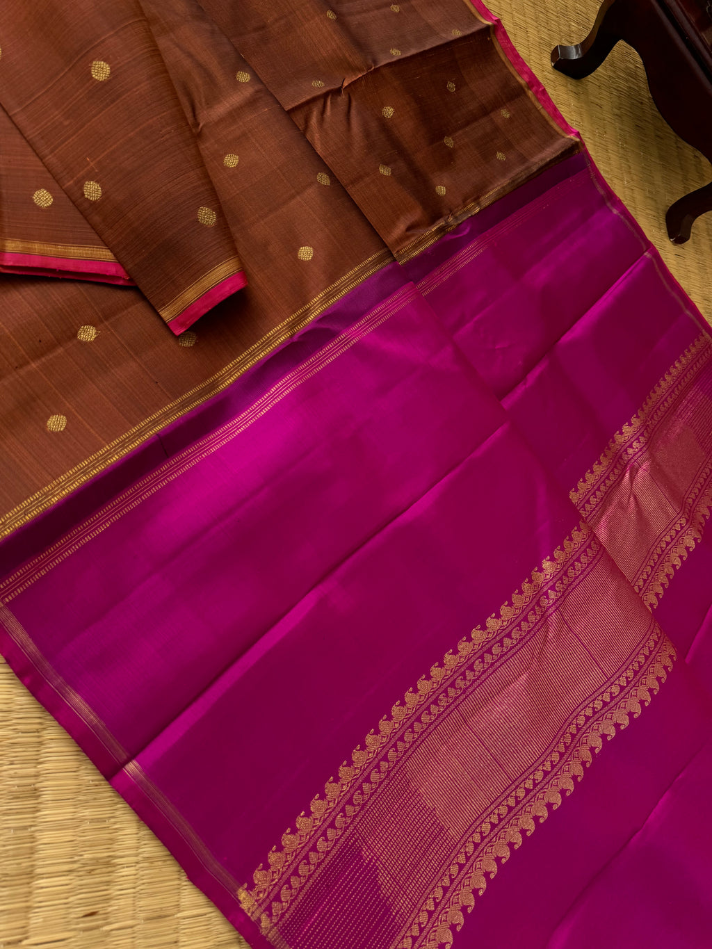 Bliss of Kanchivaram - caramel brown and pink  with woven buttas